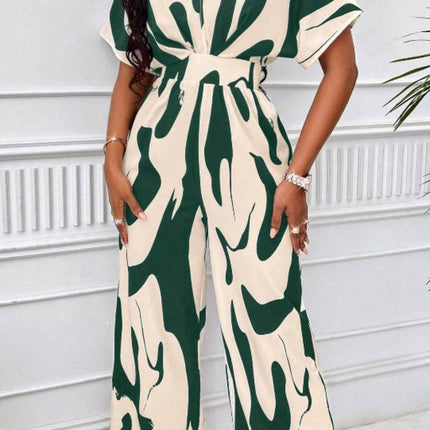 Printed V-Neck Short Sleeve Wide Leg Jumpsuit - MimiStylez