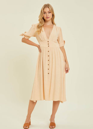 HEYSON Full Size Textured Linen V-Neck Button-Down Midi Dress - MimiStylez