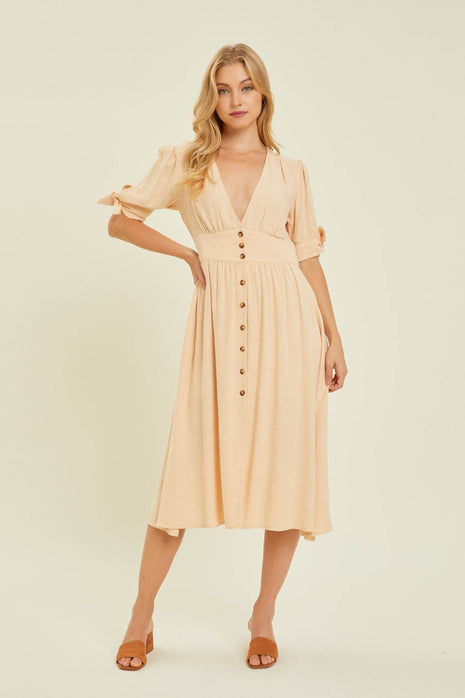 HEYSON Full Size Textured Linen V-Neck Button-Down Midi Dress - MimiStylez