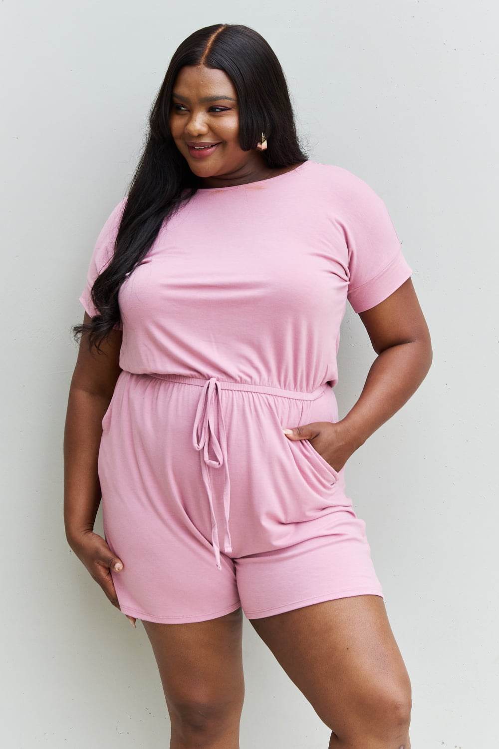 Zenana Chilled Out Full Size Short Sleeve Romper in Light Carnation Pink - MimiStylez