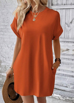 Pocketed Round Neck Short Sleeve Dress - MimiStylez