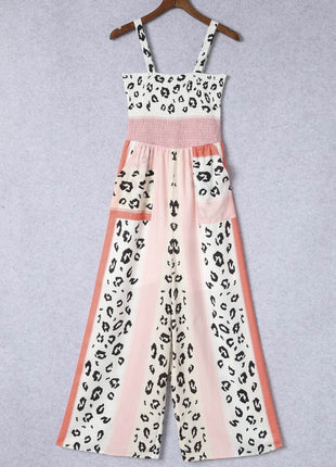 Leopard Color Block Smocked Jumpsuit - MimiStylez