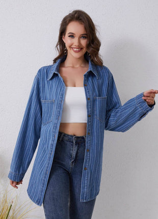 Pocketed Striped Button Up Denim Shirt - MimiStylez