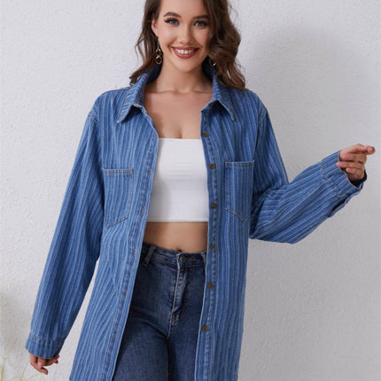 Pocketed Striped Button Up Denim Shirt - MimiStylez