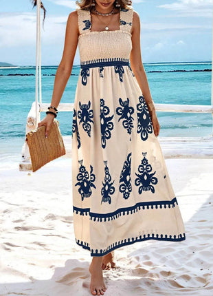 Smocked Printed Wide Strap Maxi Dress - MimiStylez