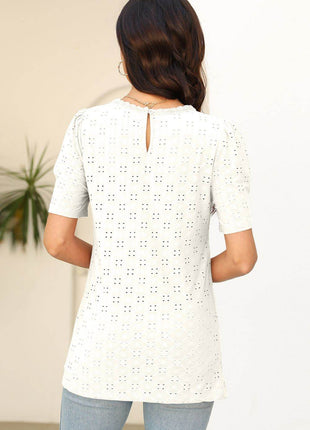 Eyelet Round Neck Short Sleeve T-Shirt - MimiStylez