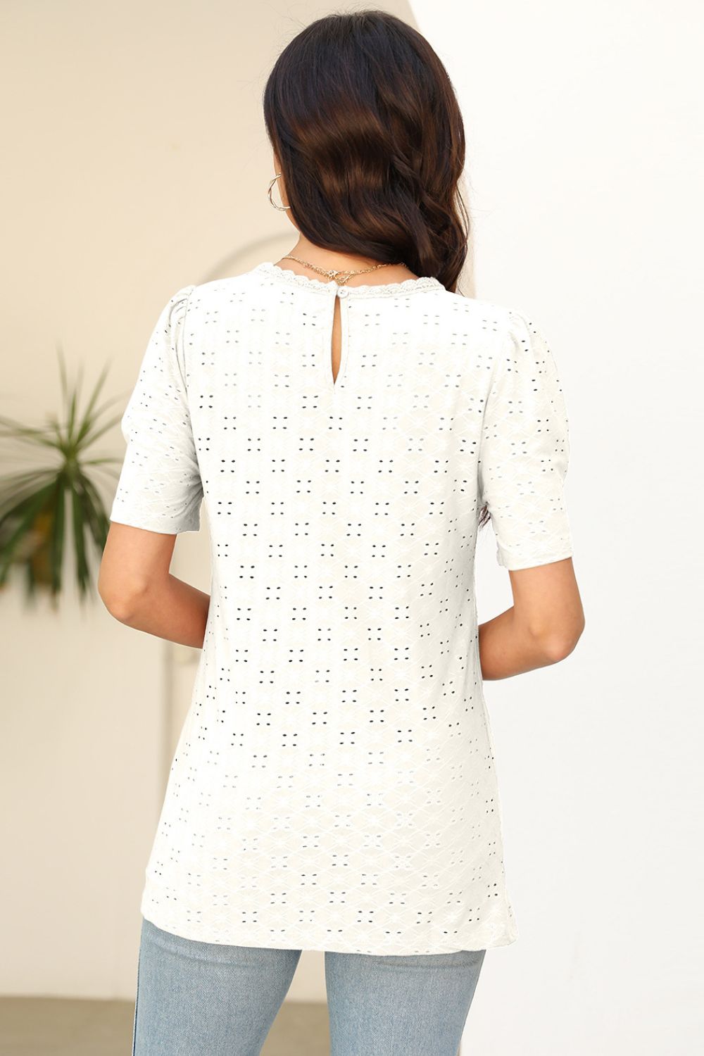 Eyelet Round Neck Short Sleeve T-Shirt