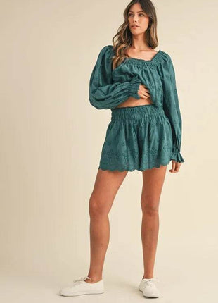 MABLE Embroidered Scalloped Lace Top and Short Set - MimiStylez