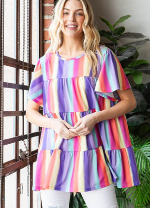 Heimish Full Size Short Sleeve Striped Tiered Top - MimiStylez