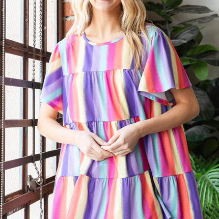 Heimish Full Size Short Sleeve Striped Tiered Top - MimiStylez