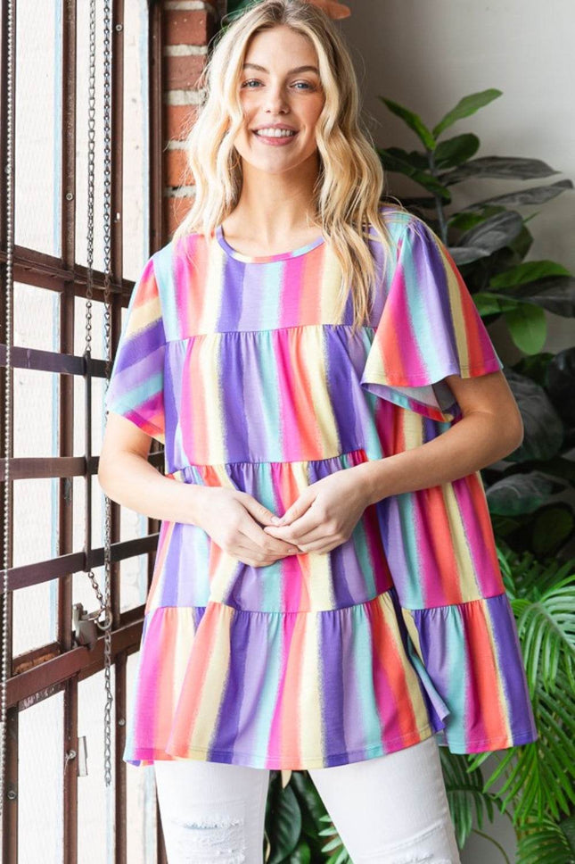 Heimish Full Size Short Sleeve Striped Tiered Top - MimiStylez