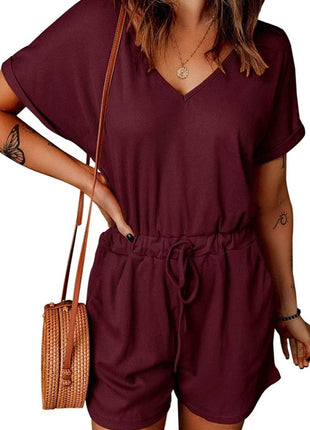 Full Size Drawstring V-Neck Short Sleeve Romper - MimiStylez