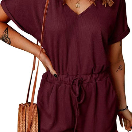 Full Size Drawstring V-Neck Short Sleeve Romper - MimiStylez