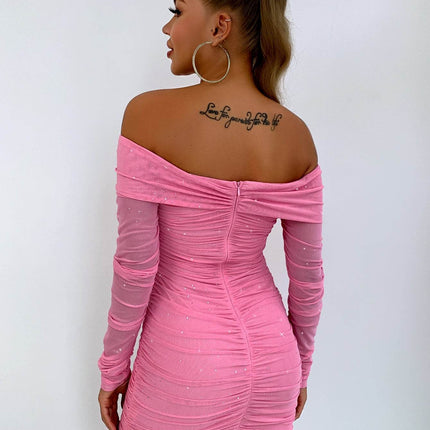 Glitter Ruched Off-Shoulder Long Sleeve Bodycon Dress - MimiStylez
