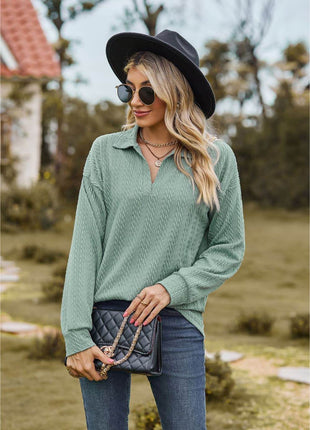 Collared Neck Cable-Knit Long Sleeve Blouse - MimiStylez