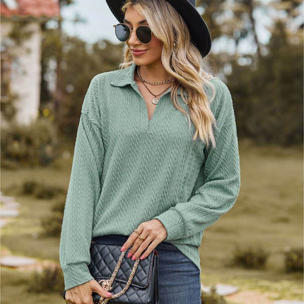 Collared Neck Cable-Knit Long Sleeve Blouse - MimiStylez