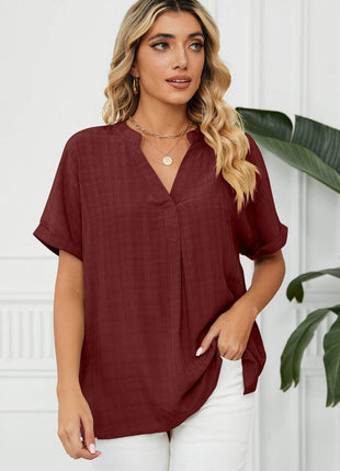 Side Slit Notched Neck Cuffed Short Sleeve Blouse - MimiStylez