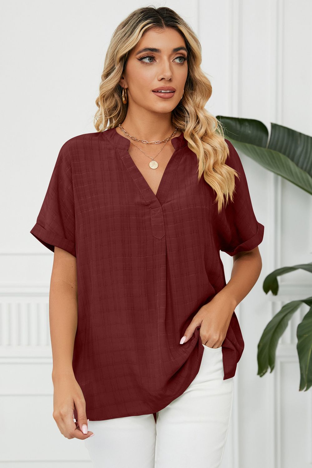 Side Slit Notched Neck Cuffed Short Sleeve Blouse