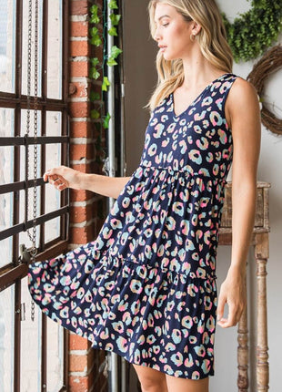 Heimish Full Size Leopard V-Neck Ruffled Tank Dress - MimiStylez