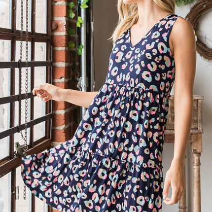 Heimish Full Size Leopard V-Neck Ruffled Tank Dress - MimiStylez