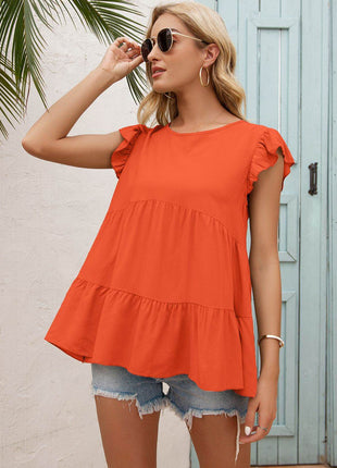 Round Neck Flutter Sleeve Tiered Blouse - MimiStylez