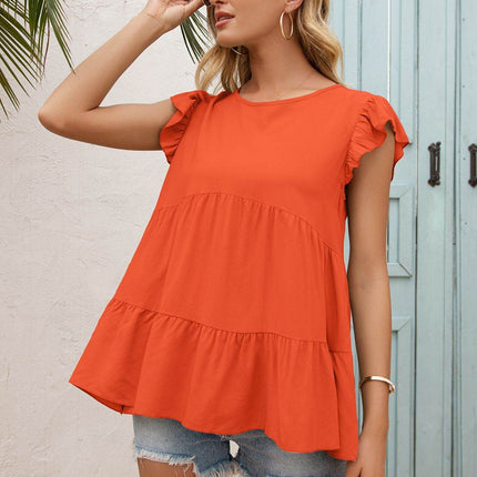 Round Neck Flutter Sleeve Tiered Blouse - MimiStylez