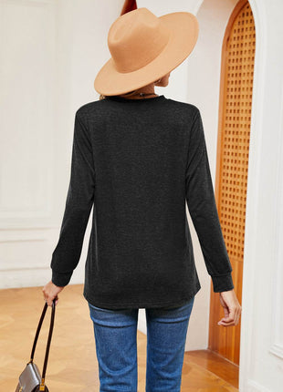 Buttoned Notched Neck Long Sleeve Top - MimiStylez