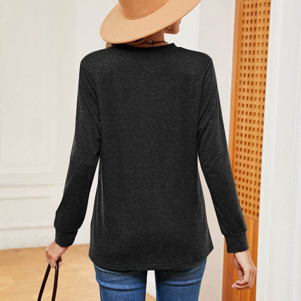 Buttoned Notched Neck Long Sleeve Top - MimiStylez