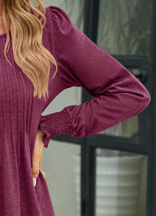 Smocked Round Neck Lantern Sleeve Blouse - MimiStylez