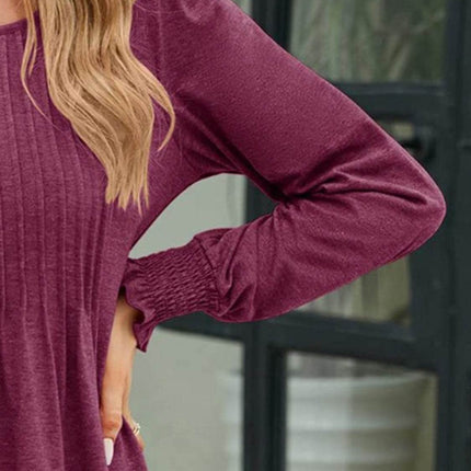 Smocked Round Neck Lantern Sleeve Blouse - MimiStylez
