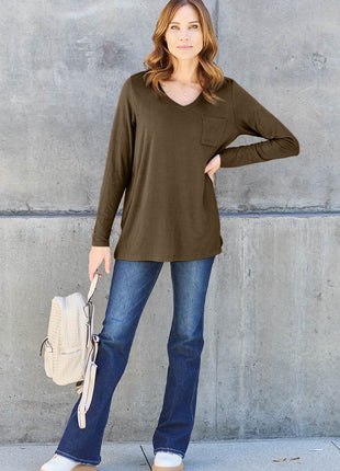 Basic Bae Full Size V-Neck Long Sleeve Top - MimiStylez