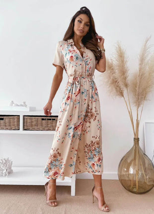 Printed Tie Waist Short Sleeve Midi Shirt Dress - MimiStylez