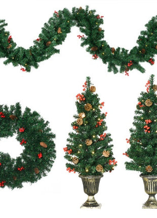 Prelit Christmas 4-Piece Set, Garland Wreath And Set Of 2 Entrance Trees With Warm White LED Lights, Red Berries, Pine Cones, Green