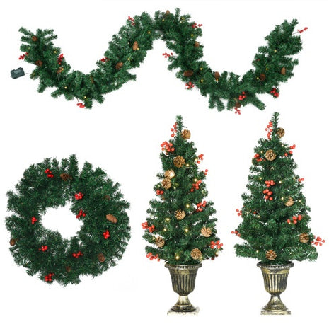 Prelit Christmas 4-Piece Set, Garland Wreath And Set Of 2 Entrance Trees With Warm White LED Lights, Red Berries, Pine Cones, Green