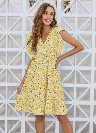 Ruffled Ditsy Floral Surplice Mini Dress - MimiStylez
