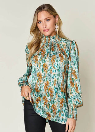Double Take Full Size Printed Smocked Long Sleeve Blouse - MimiStylez