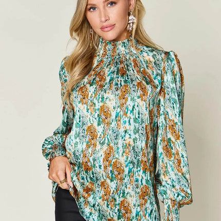 Double Take Full Size Printed Smocked Long Sleeve Blouse - MimiStylez
