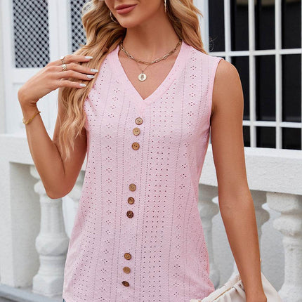 Decorative Button Eyelet V-Neck Tank - MimiStylez