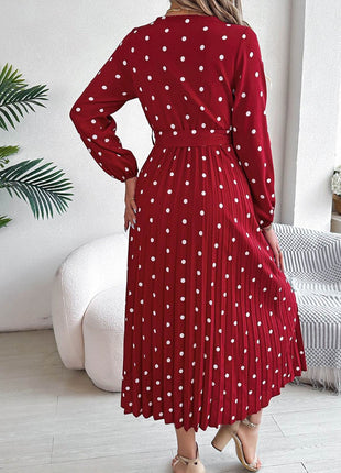 Tied Polka Dot Long Sleeve Midi Dress - MimiStylez