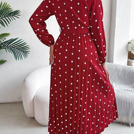 Tied Polka Dot Long Sleeve Midi Dress - MimiStylez