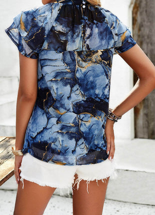 Printed Ruffled Mock Neck Blouse - MimiStylez