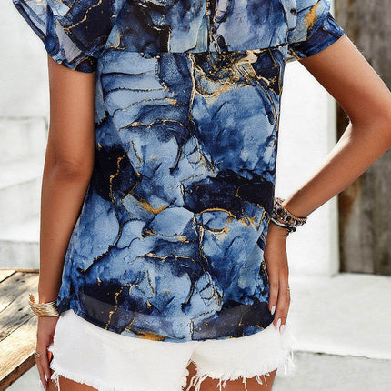 Printed Ruffled Mock Neck Blouse - MimiStylez