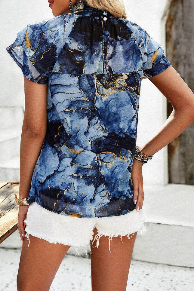 Printed Ruffled Mock Neck Blouse - MimiStylez