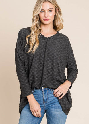 BOMBOM Checkered Long Sleeve V-Neck T-Shirt - MimiStylez