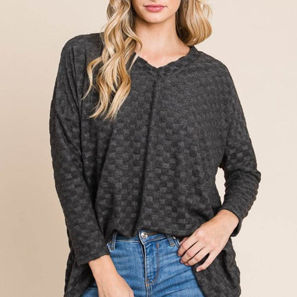 BOMBOM Checkered Long Sleeve V-Neck T-Shirt - MimiStylez