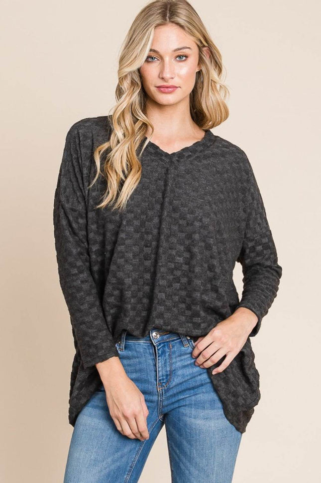 BOMBOM Checkered Long Sleeve V-Neck T-Shirt - MimiStylez