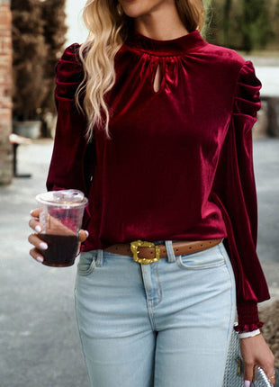 Tie Up Mock Neck Velvet Fabric Long Sleeve Blouse - MimiStylez