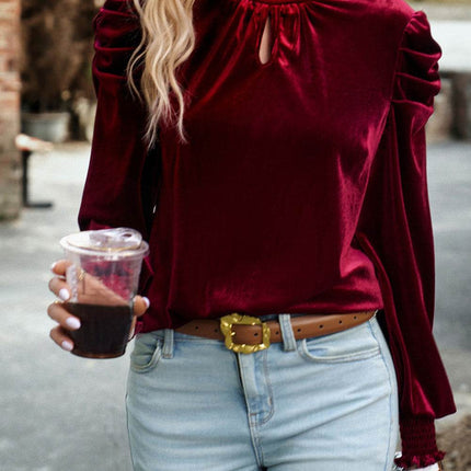 Tie Up Mock Neck Velvet Fabric Long Sleeve Blouse - MimiStylez