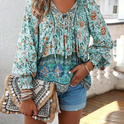 Blusa boêmia com decote em V e manga lanterna