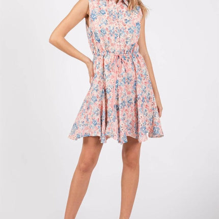 GeeGee Full Size Floral Eyelet Sleeveless Mini Dress - MimiStylez